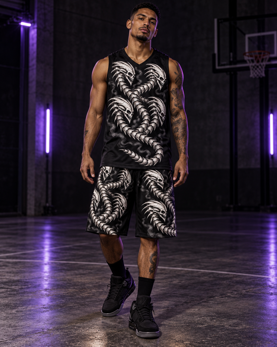 Dragon Ocho Basketball Jersey, worn on model, matching outfit with Dragon Ocho Athletic Shorts