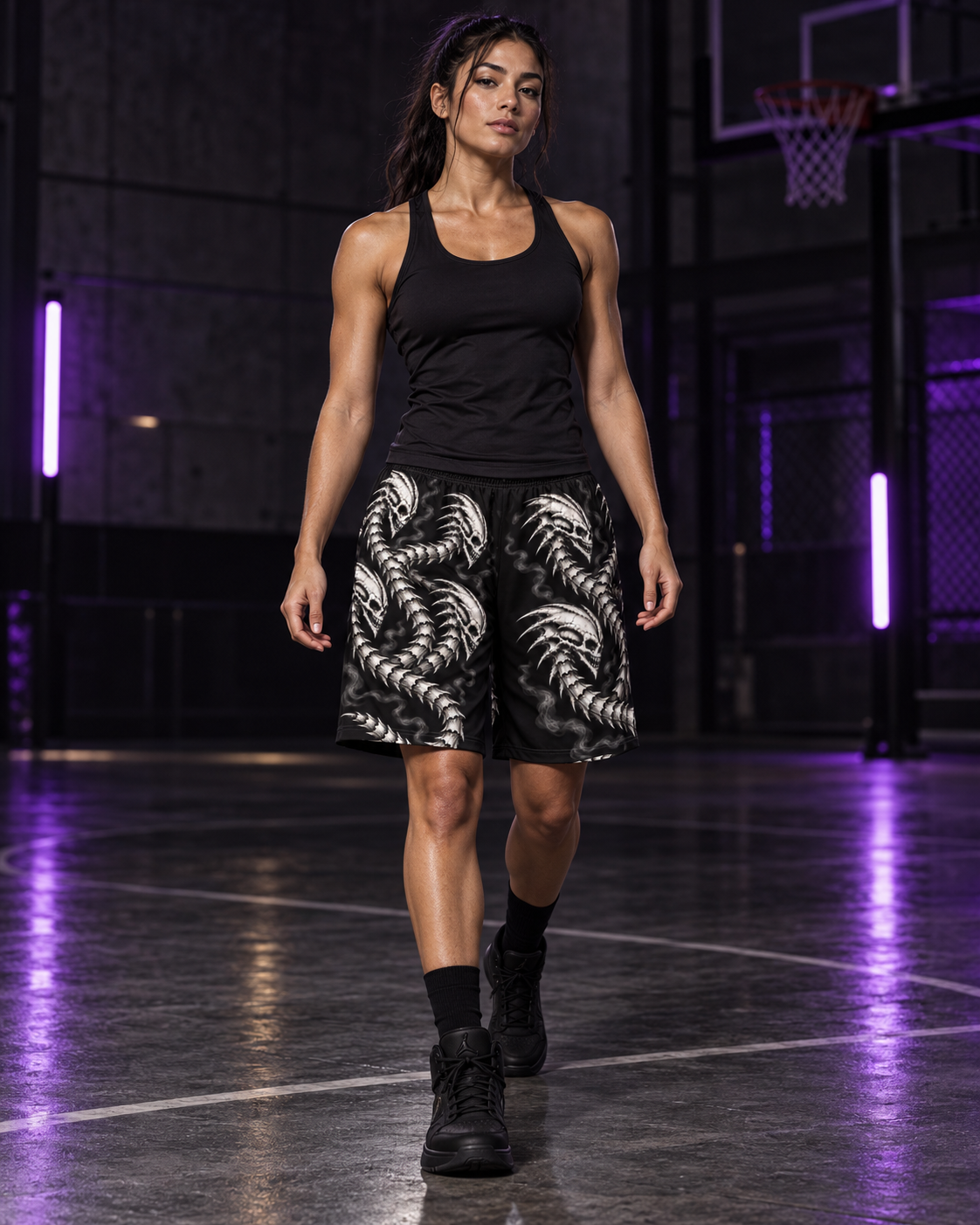 Dragon Ocho Athletic Shorts, worn on model, front with a black top