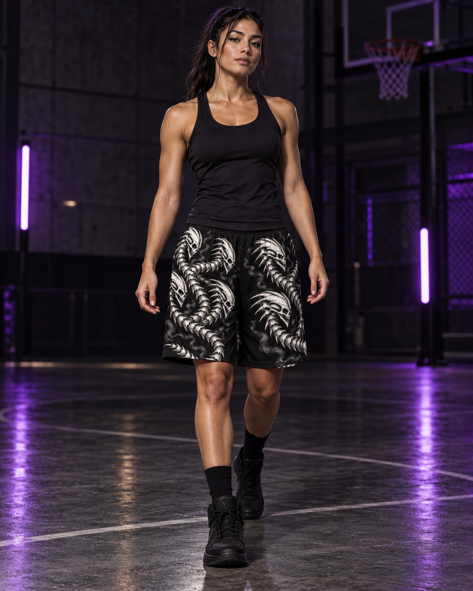 Dragon Ocho Athletic Shorts, worn on model, front with a black top