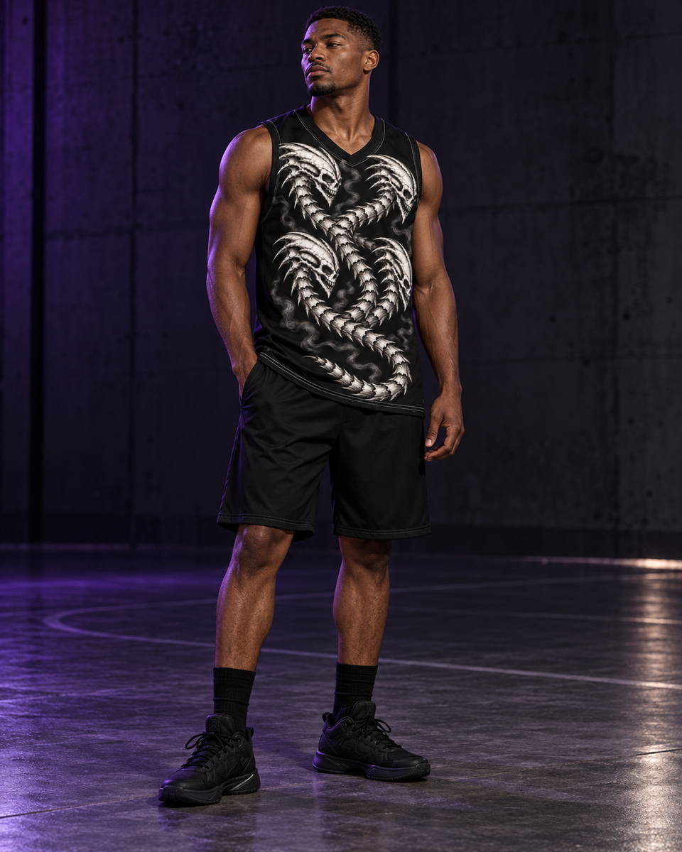 Dragon Ocho Basketball Jersey, worn on model with black shorts
