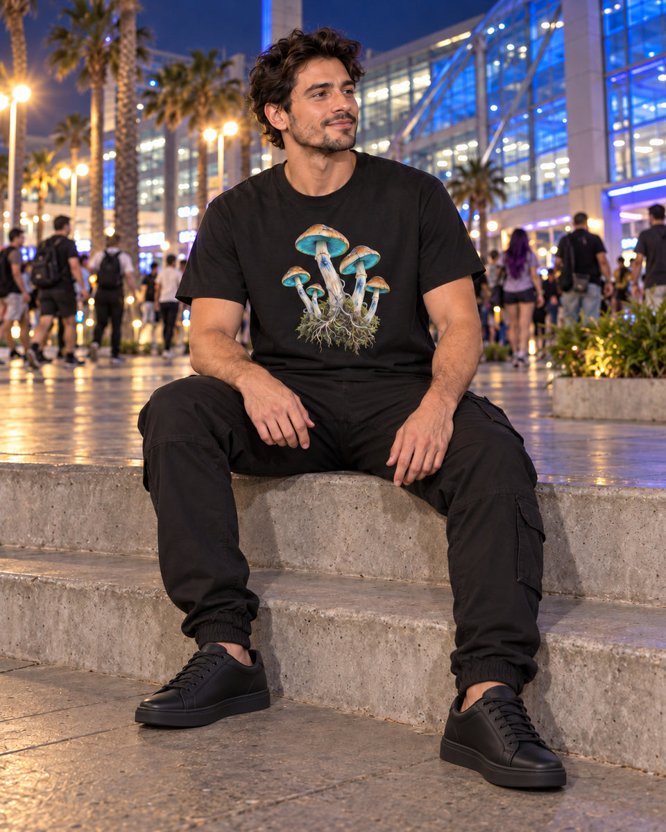 Blue Bruise Garden Graphic Tee, worn on model