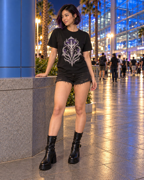 Bonevine Violet Graphic Tee, worn on model