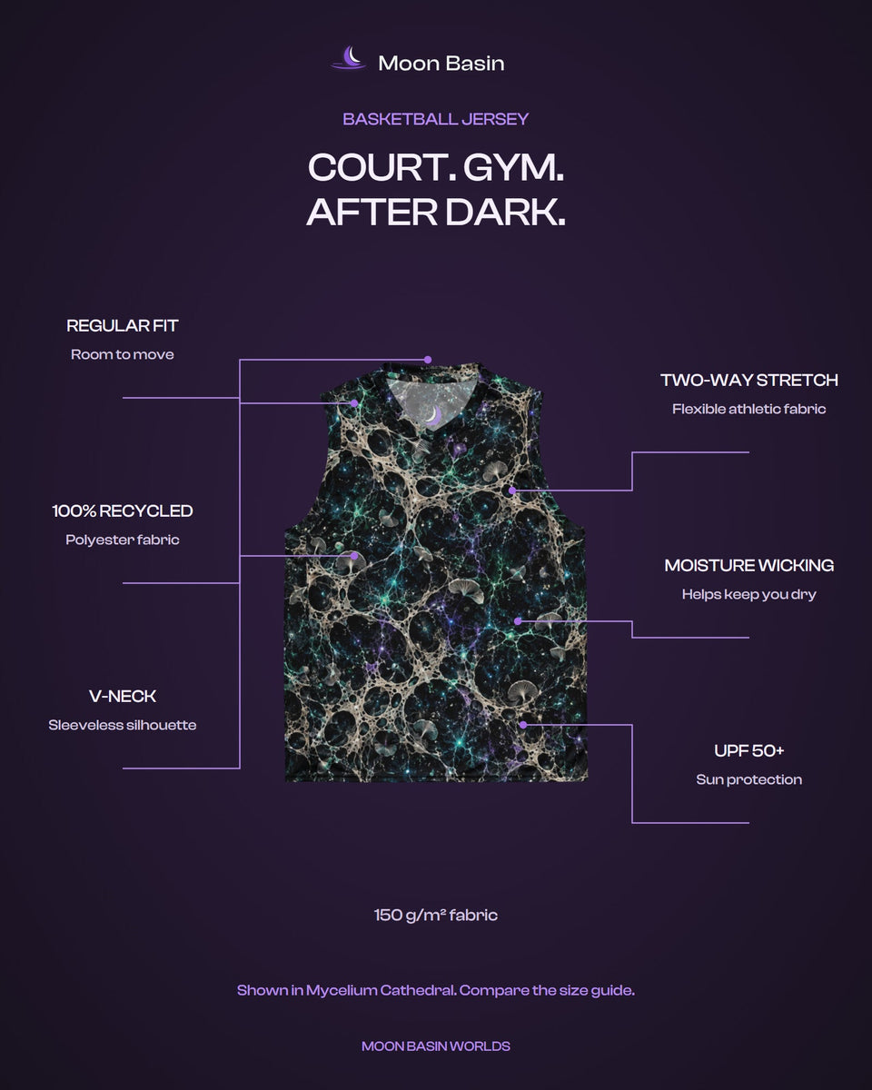 Moon Basin Worlds basketball jersey feature card: regular fit, 100% recycled polyester, V-neck, two-way stretch, moisture wicking, UPF 50+