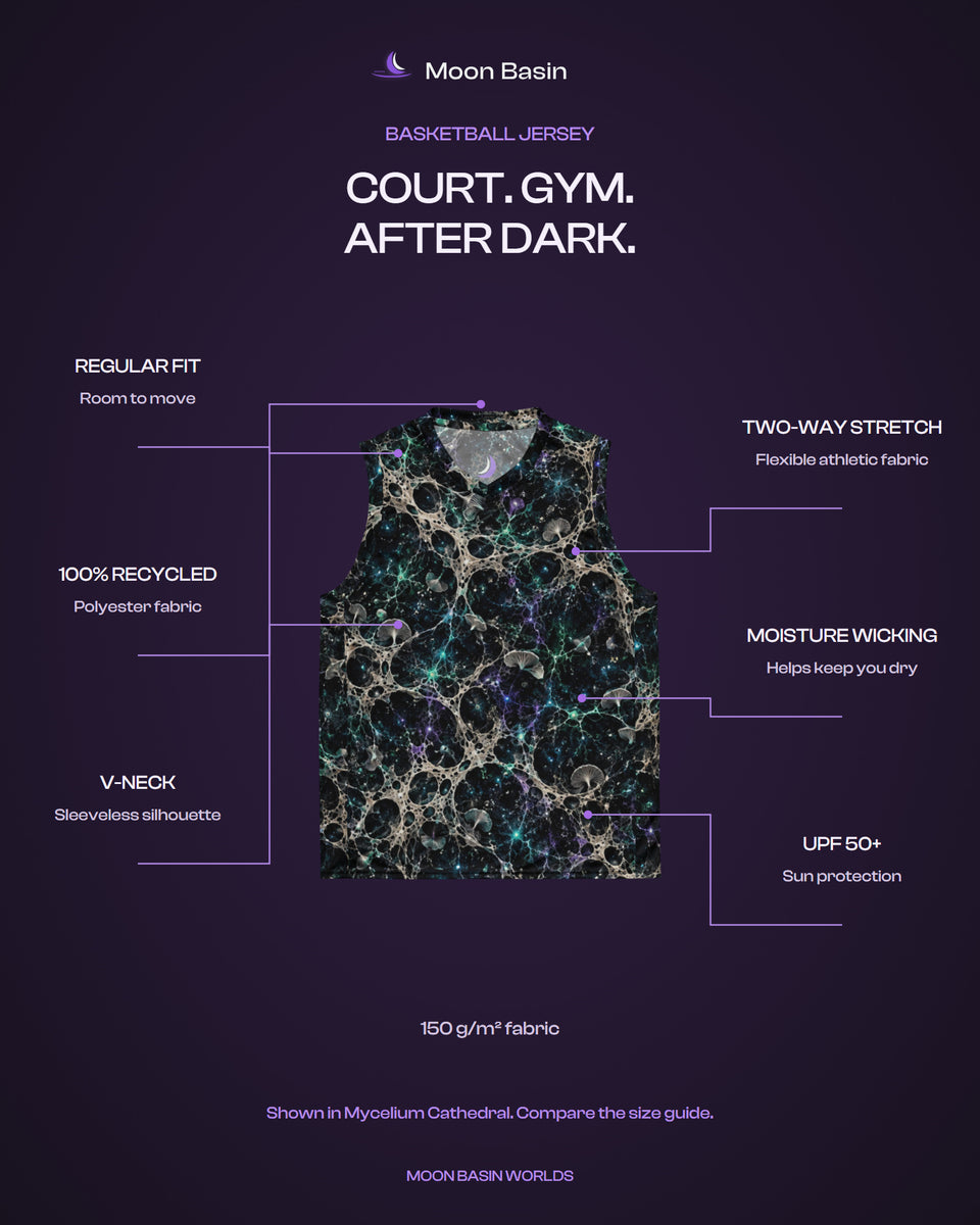 Moon Basin Worlds basketball jersey feature card: regular fit, 100% recycled polyester, V-neck, two-way stretch, moisture wicking, UPF 50+
