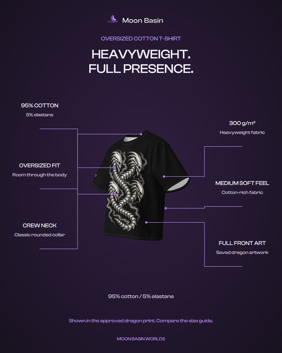 Moon Basin Worlds oversized cotton t-shirt feature card: 95% cotton, 5% elastane, 300 g/m² heavyweight fabric, oversized fit, medium soft feel, crew neck, full front art