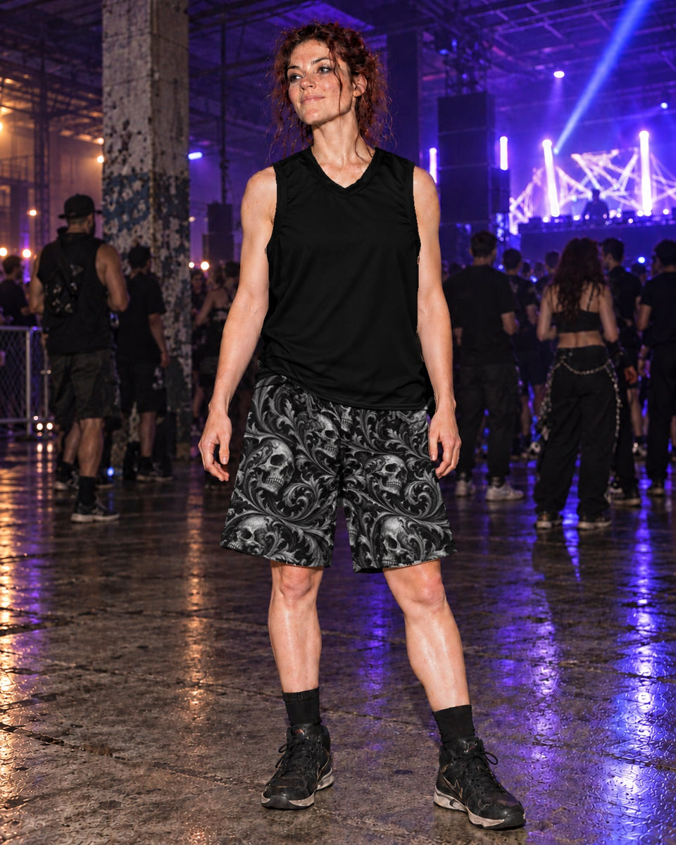 Solid Black Basketball Jersey, worn on model with Ossuary Scroll Black Terrain Athletic Shorts