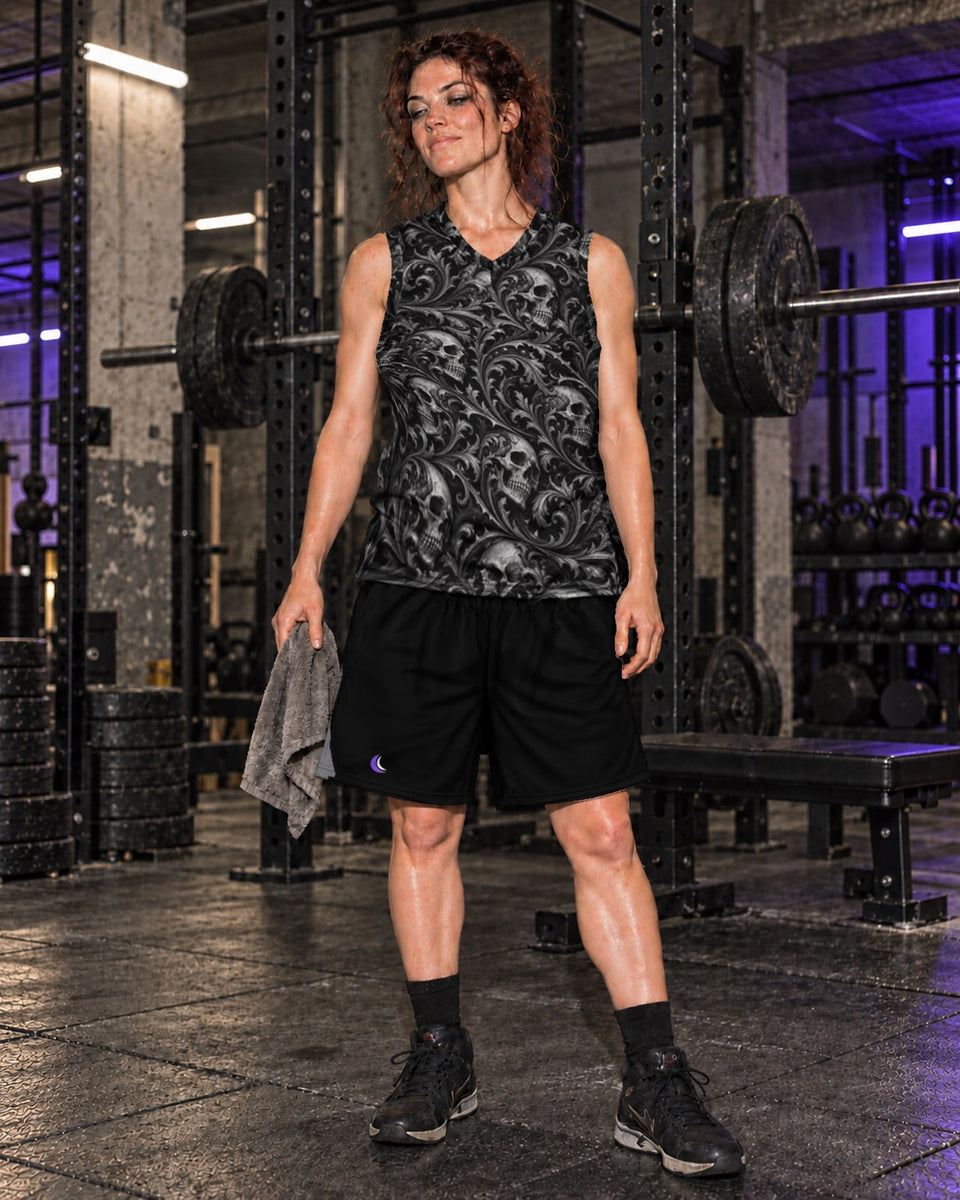 Ossuary Scroll Black Terrain Basketball Jersey, worn on model with black shorts