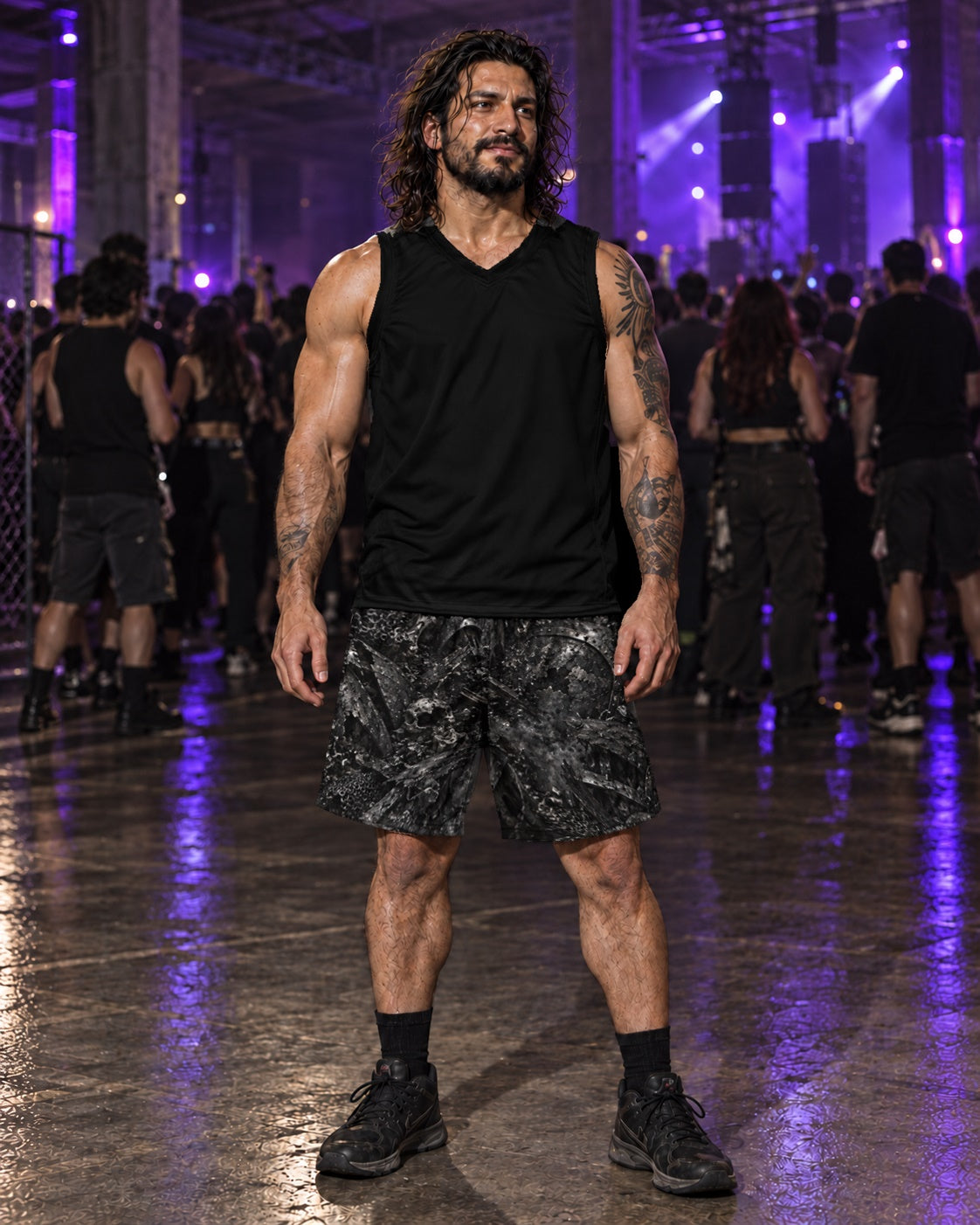 Ash and Bone Terrain Athletic Shorts, worn on model, front with a black top