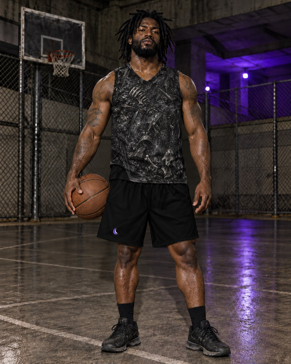 Solid Black Athletic Shorts, worn on model with Ash and Bone Terrain Basketball Jersey