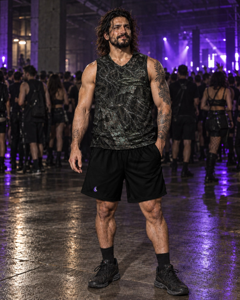 Rot and Iron Terrain Basketball Jersey, worn on model with black shorts