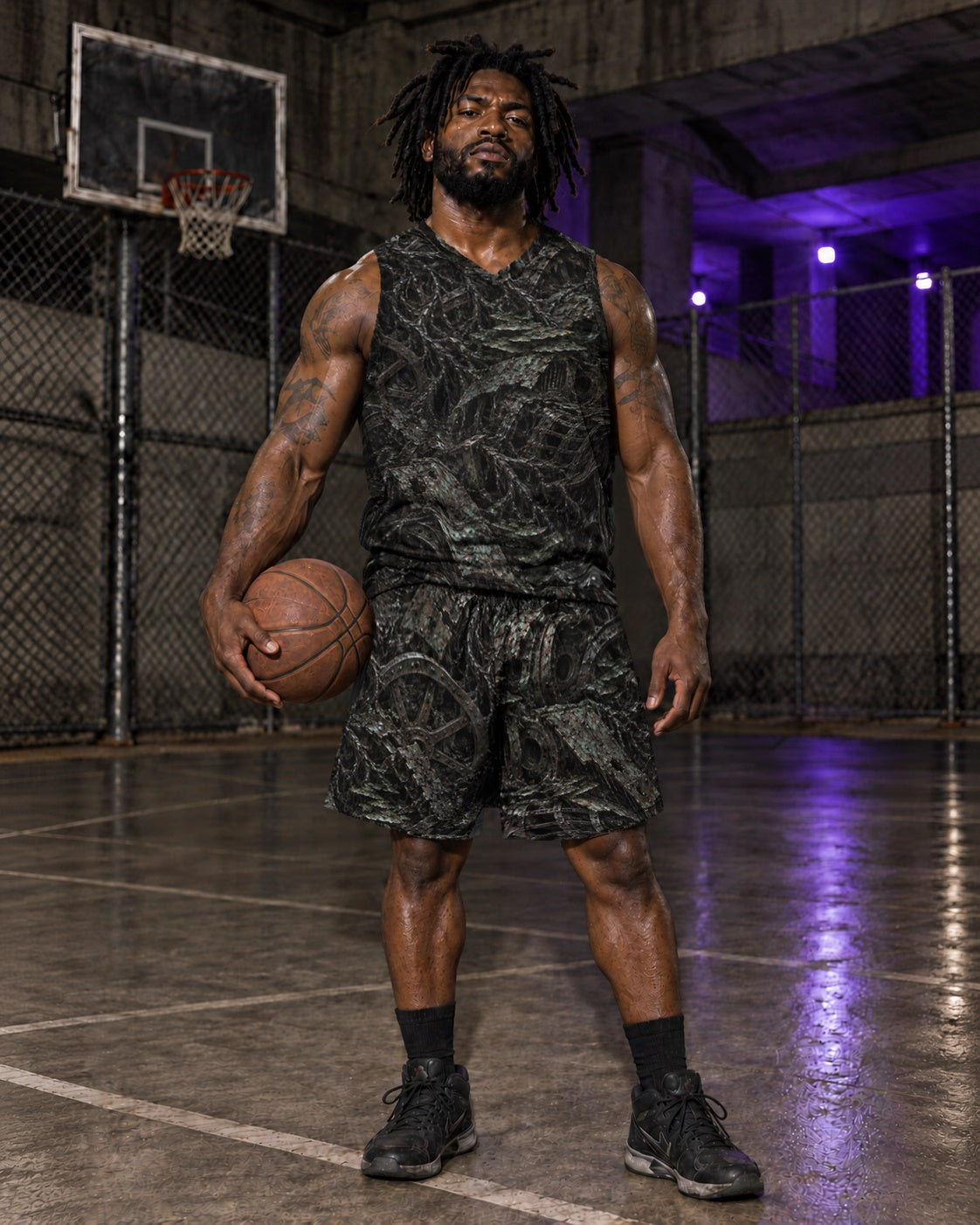 Rot and Iron Terrain Athletic Shorts, worn on model, front, matching outfit with Rot and Iron Terrain Basketball Jersey