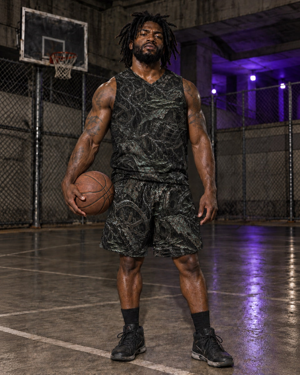 Rot and Iron Terrain Basketball Jersey, worn on model, matching outfit with Rot and Iron Terrain Athletic Shorts