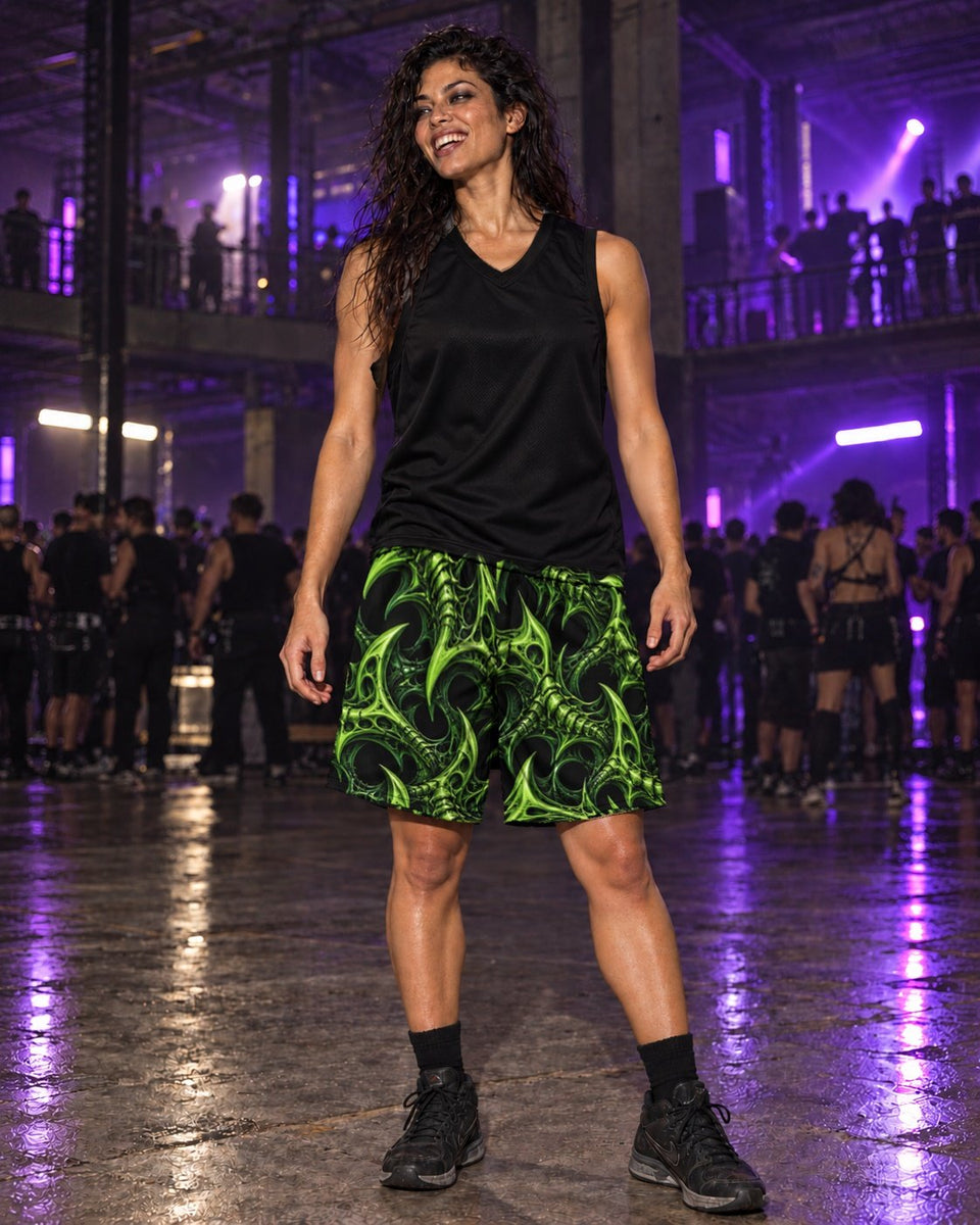 Venom Lace Terrain Athletic Shorts, worn on model, front with a black top