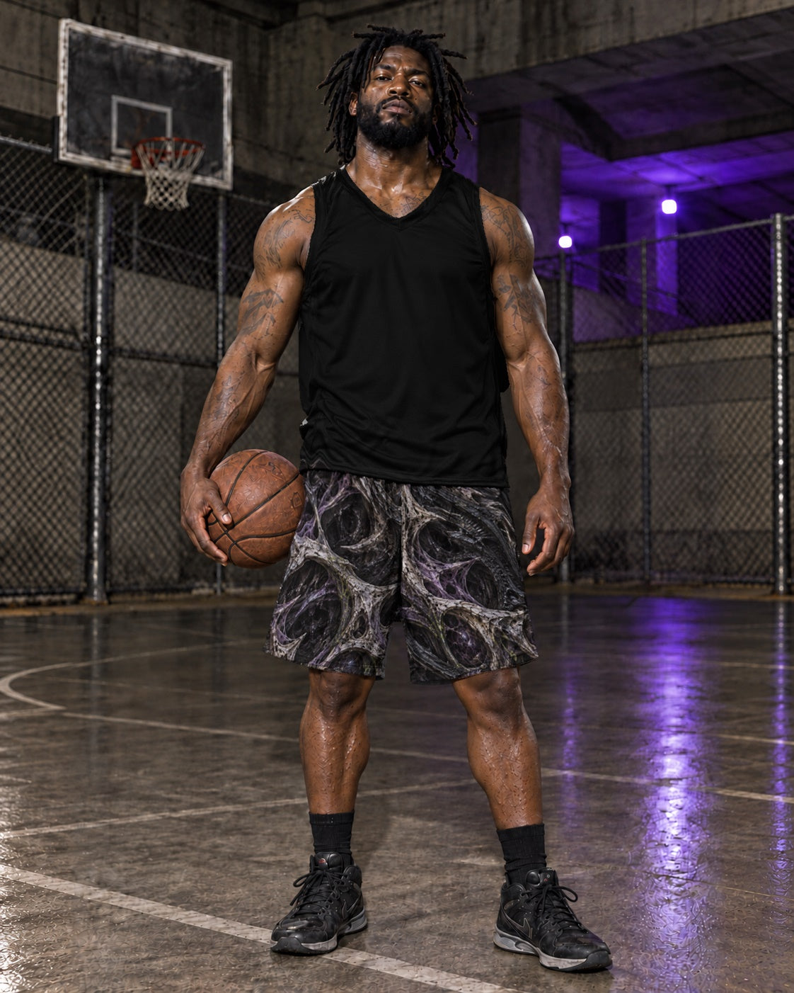 Breachborn Terrain Athletic Shorts, worn on model, front with a black top