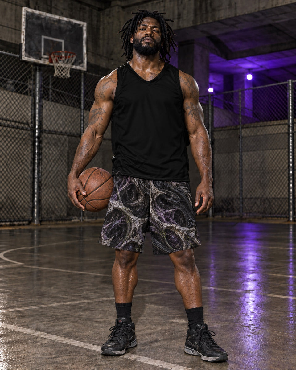 Breachborn Terrain Athletic Shorts, worn on model, front with a black top