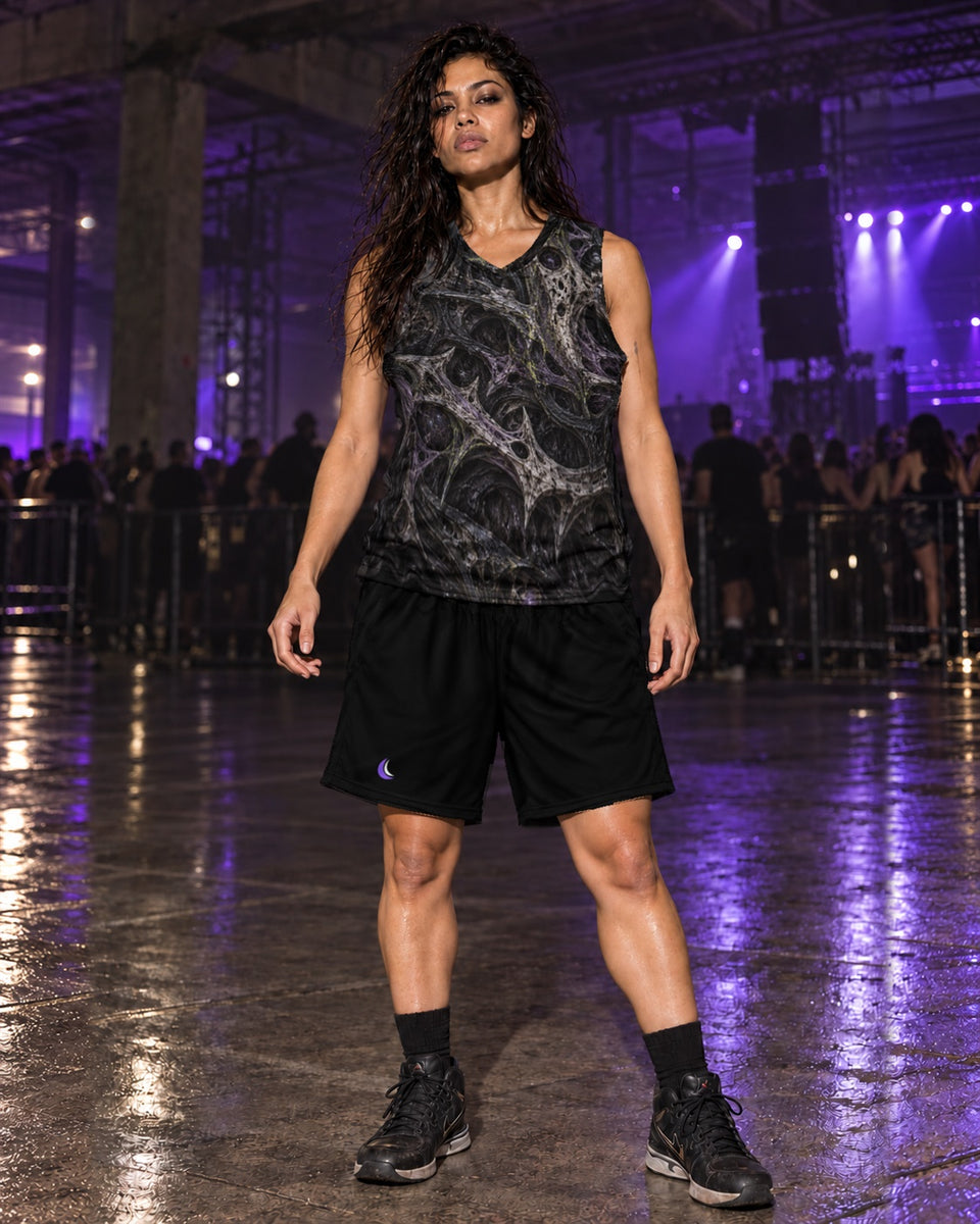 Breachborn Terrain Basketball Jersey, worn on model with black shorts