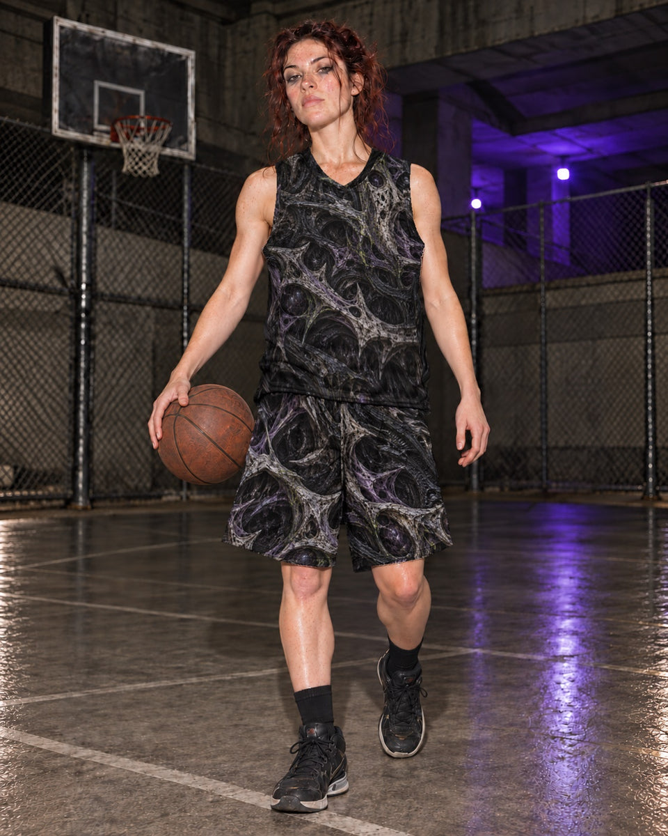 Breachborn Terrain Athletic Shorts, worn on model, matching outfit with Breachborn Terrain Basketball Jersey