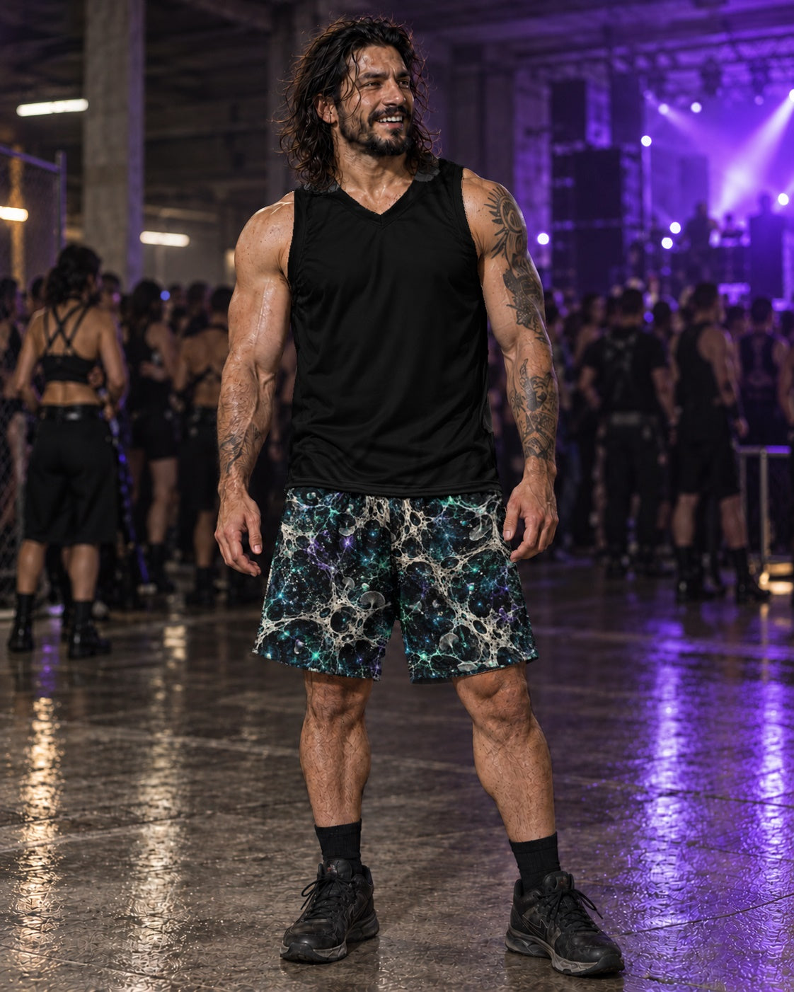 Mycelium Cathedral Terrain Athletic Shorts, worn on model, front with a black top