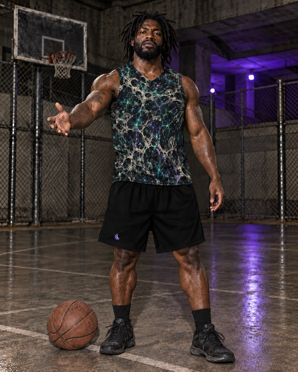 Mycelium Cathedral Terrain Basketball Jersey, worn on model with black shorts