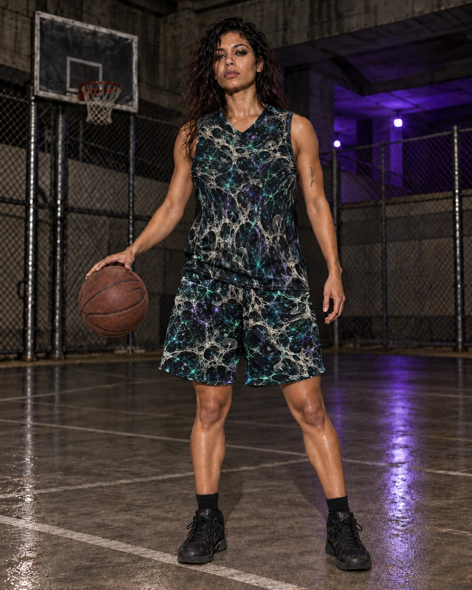 Mycelium Cathedral Terrain Basketball Jersey, worn on model, matching outfit with Mycelium Cathedral Terrain Athletic Shorts