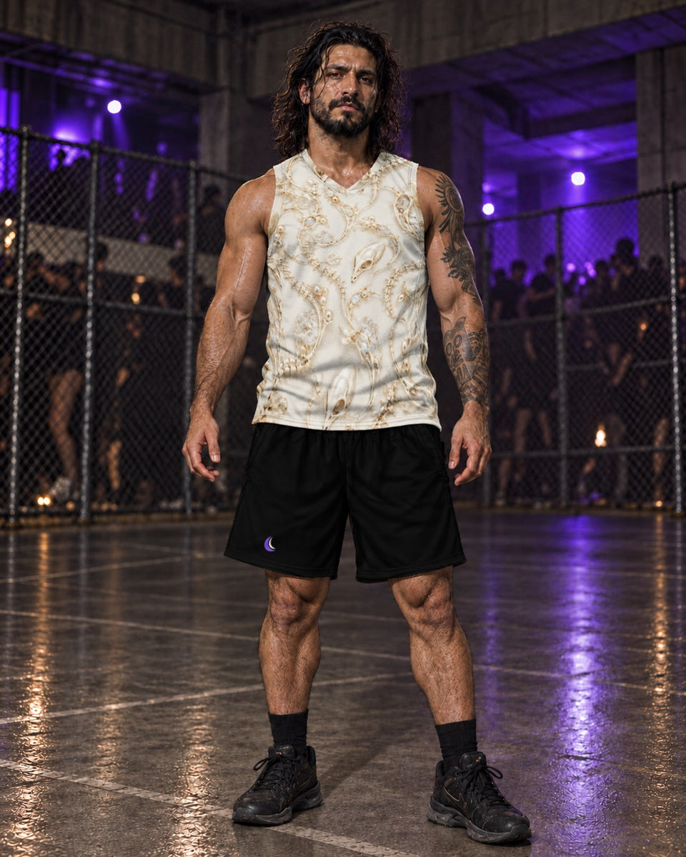 Ivory Alien Skulls Terrain Basketball Jersey, worn on model with black shorts