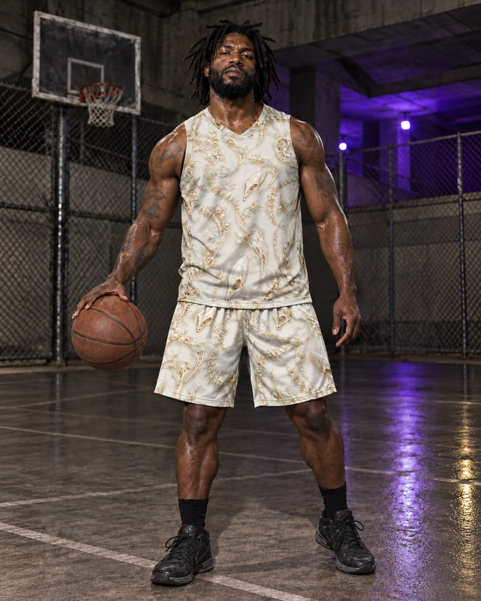 Ivory Alien Skulls Terrain Athletic Shorts, worn on model, front, matching outfit with Ivory Alien Skulls Terrain Basketball Jersey