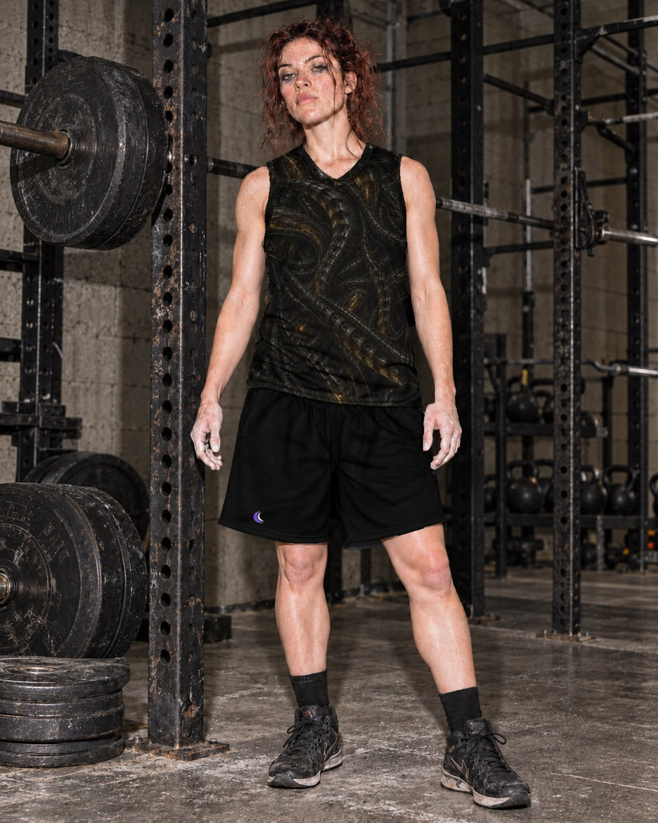 Organ Farm Terrain Basketball Jersey, worn on model with black shorts