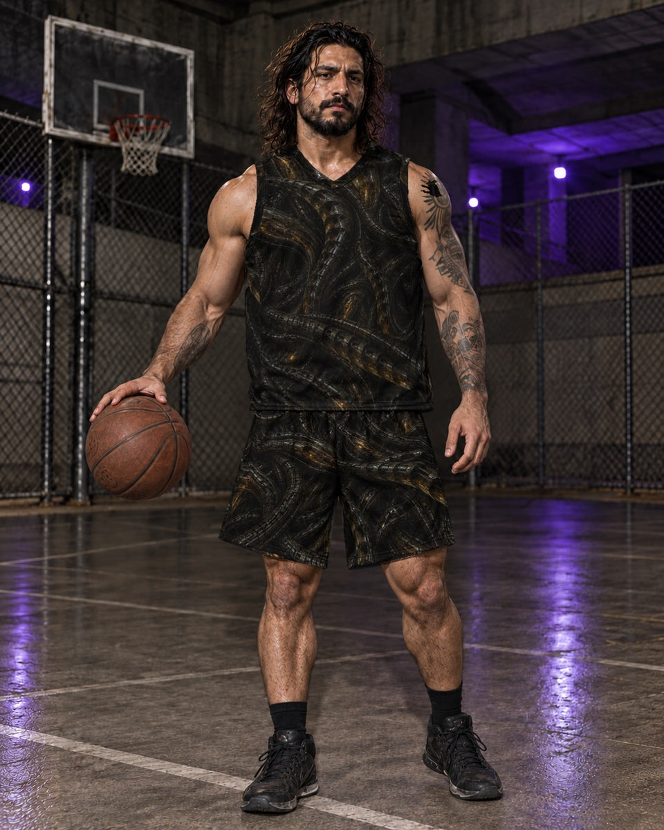 Organ Farm Terrain Athletic Shorts, worn on model, matching outfit with Organ Farm Terrain Basketball Jersey