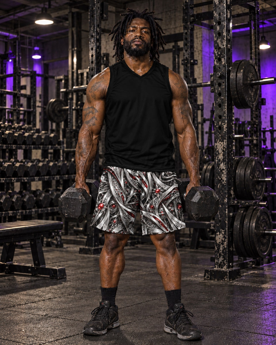 Maximus Alien Testosterone Terrain Athletic Shorts, worn on model with a black top