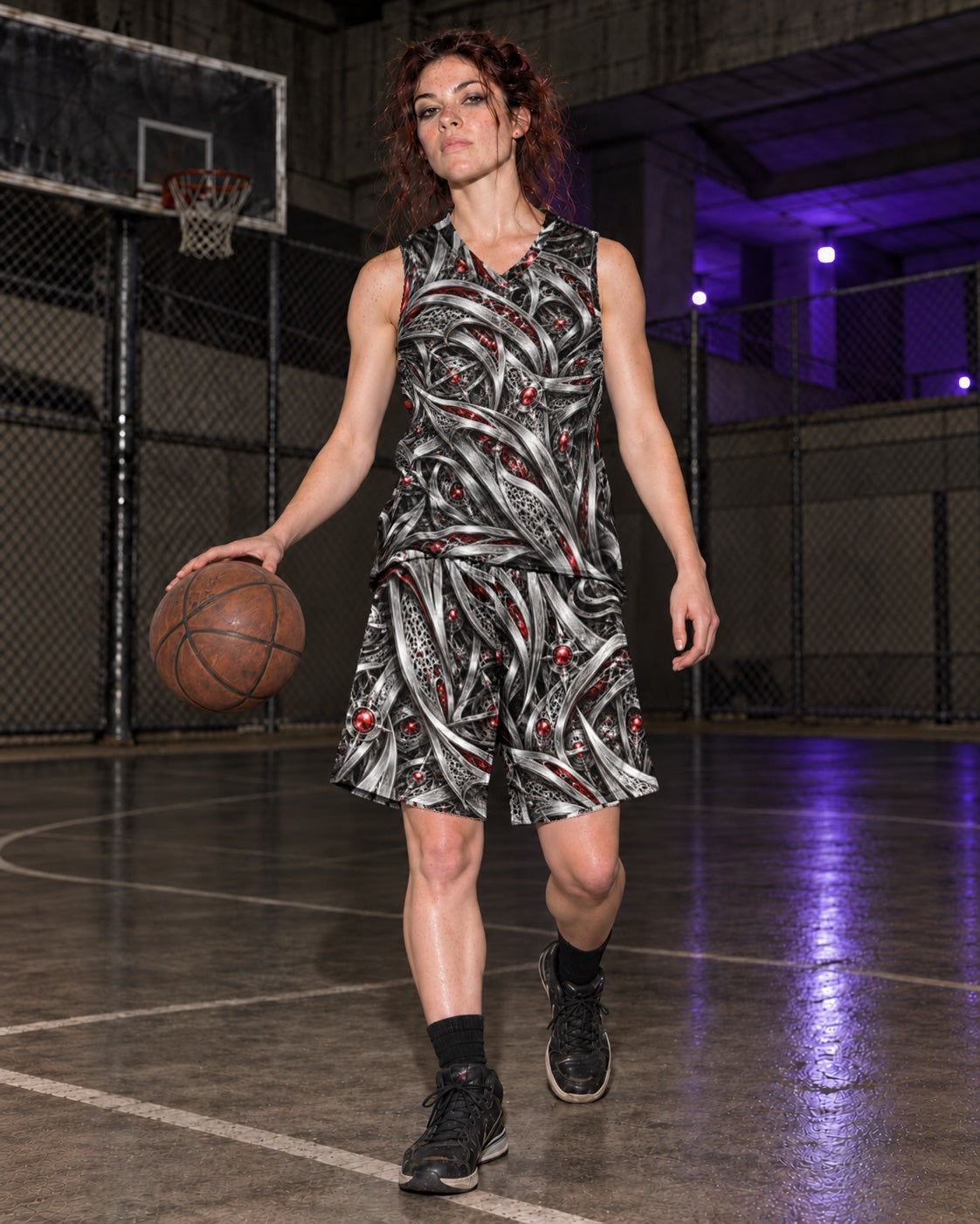 Maximus Alien Testosterone Terrain Athletic Shorts, worn on model, front, matching outfit with Maximus Alien Testosterone Terrain Basketball Jersey