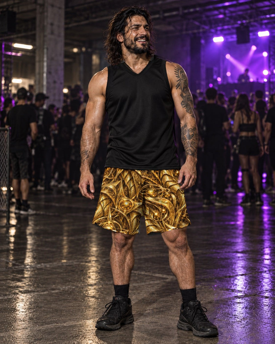 Gold Terrain Athletic Shorts, worn on model, front with a black top