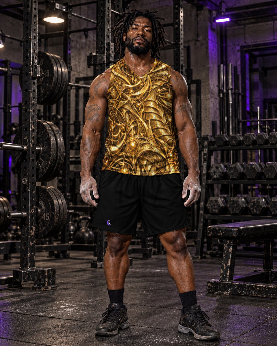 Gold Terrain Basketball Jersey, worn on model with black shorts