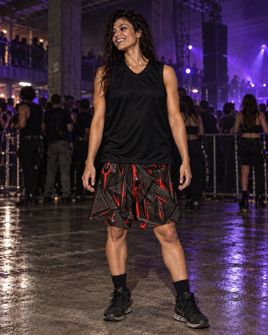 Crimson Pharaoh Terrain Athletic Shorts, worn on model, front with a black top