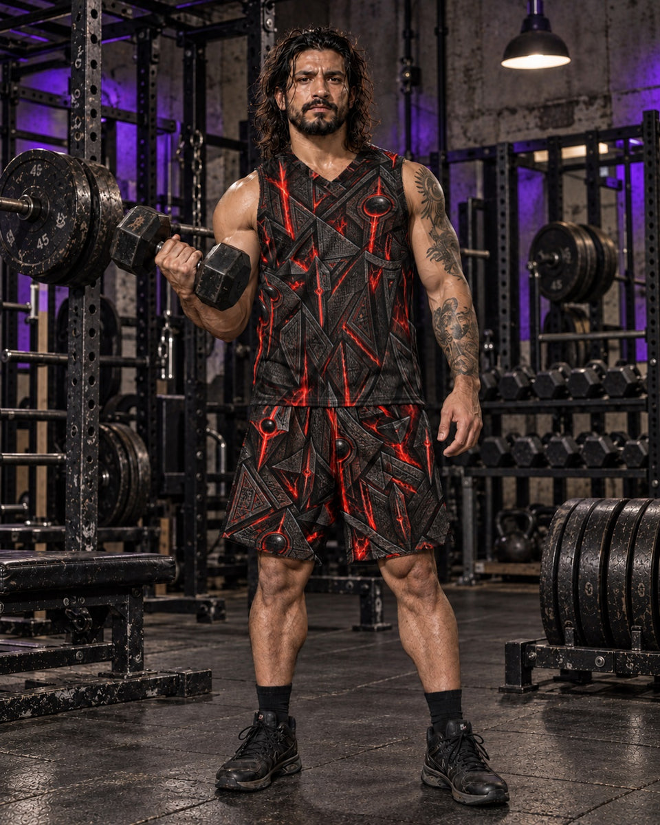Crimson Pharaoh Terrain Athletic Shorts, worn on model, matching outfit with Crimson Pharaoh Terrain Basketball Jersey