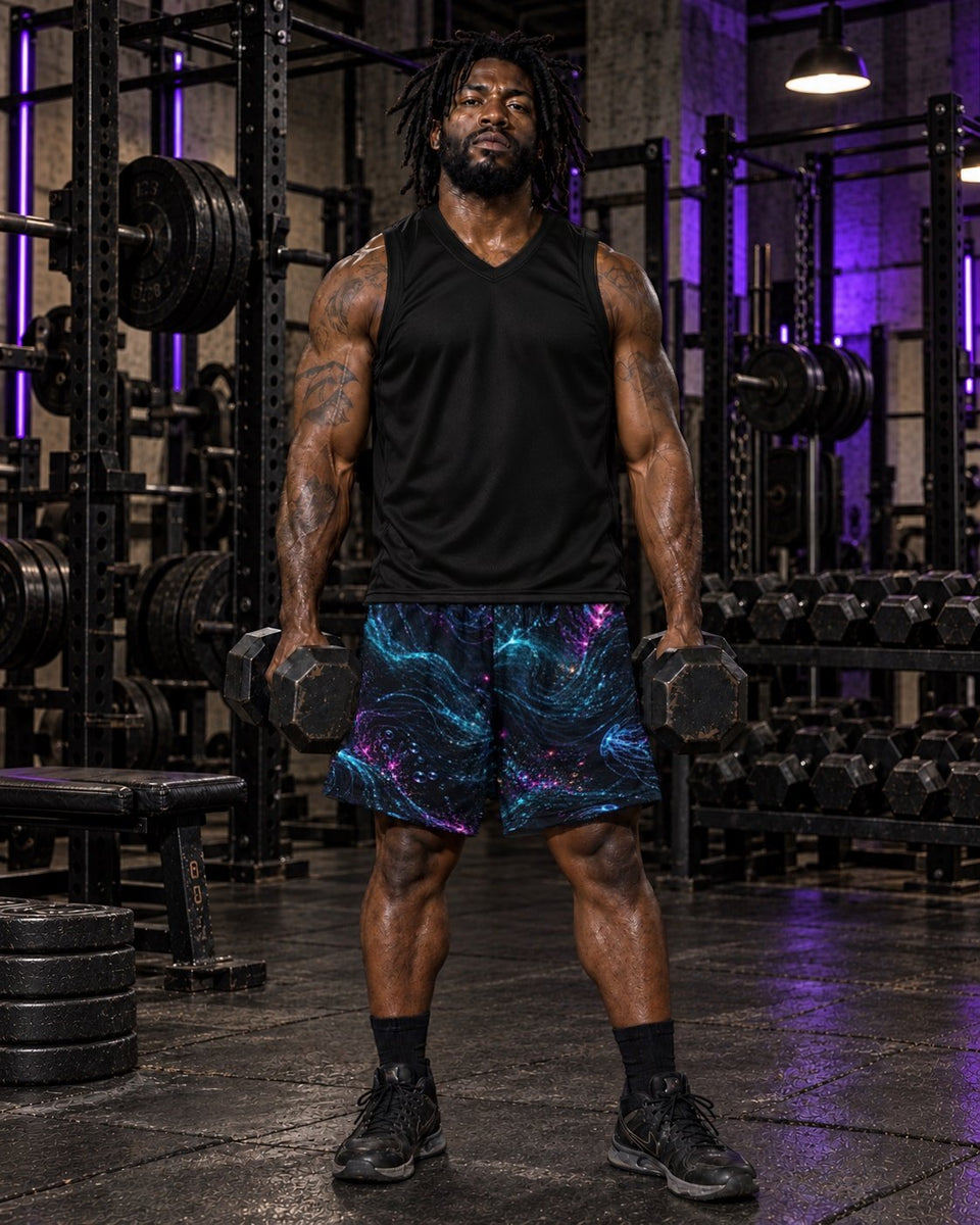 Abyssal Bloom Reliquary Terrain Athletic Shorts, worn on model with a black top