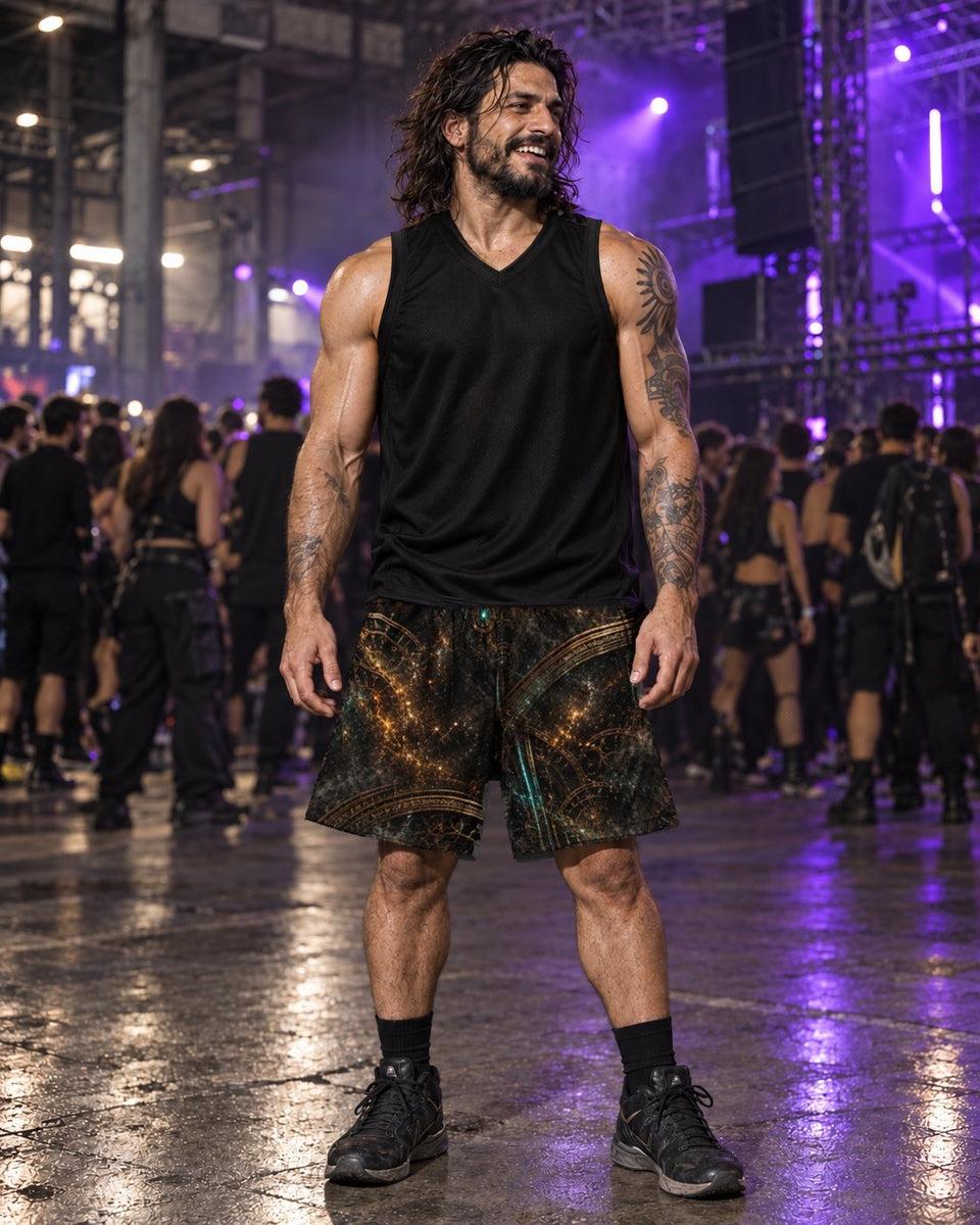 Chronoforge Monolith Terrain Athletic Shorts, worn on model, front with a black top