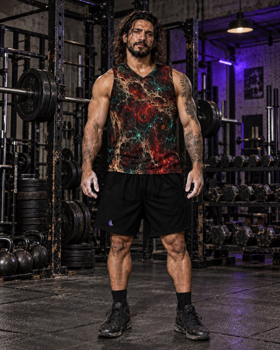 Solar Bone Orchard Terrain Basketball Jersey, worn on model with black shorts