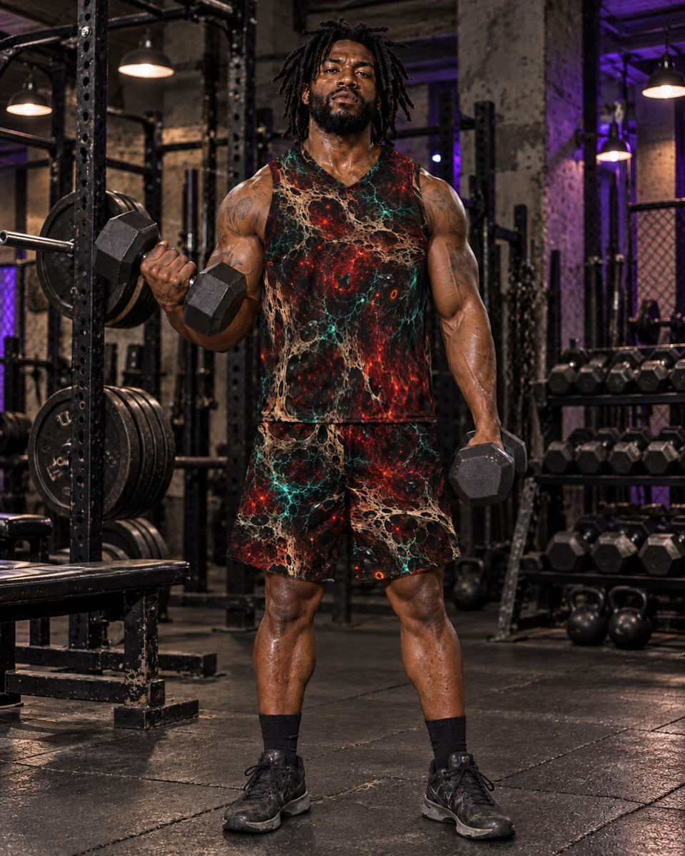 Solar Bone Orchard Terrain Basketball Jersey, worn on model, matching outfit with Solar Bone Orchard Terrain Athletic Shorts