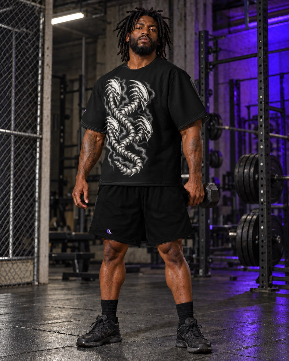 Solid Black Athletic Shorts, worn on model, front with the Dragon Ocho Tee