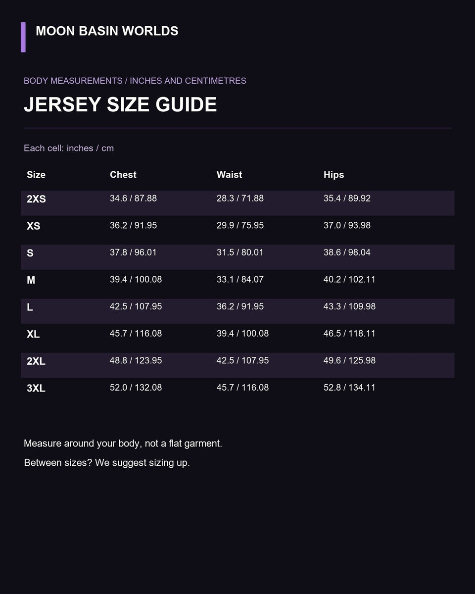 Moon Basin Worlds size guide, basketball jersey, chest, waist and hip body measurements 2XS-3XL in inches and centimetres