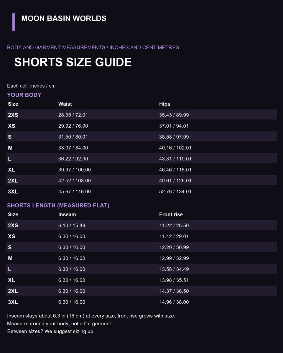 Moon Basin Worlds size guide, athletic long shorts, waist and hip body measurements plus inseam and front rise, 2XS-3XL in inches and centimetres