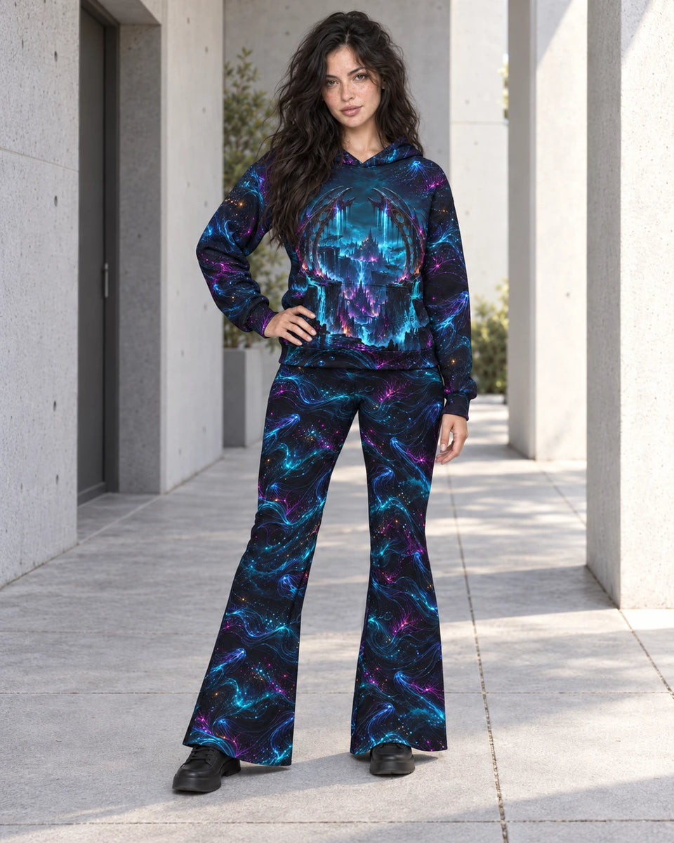 Matching outfit: Full-length model wearing Abyssal Bloom Reliquary flare leggings styled with Abyssal Bloom Reliquary Hoodie.
