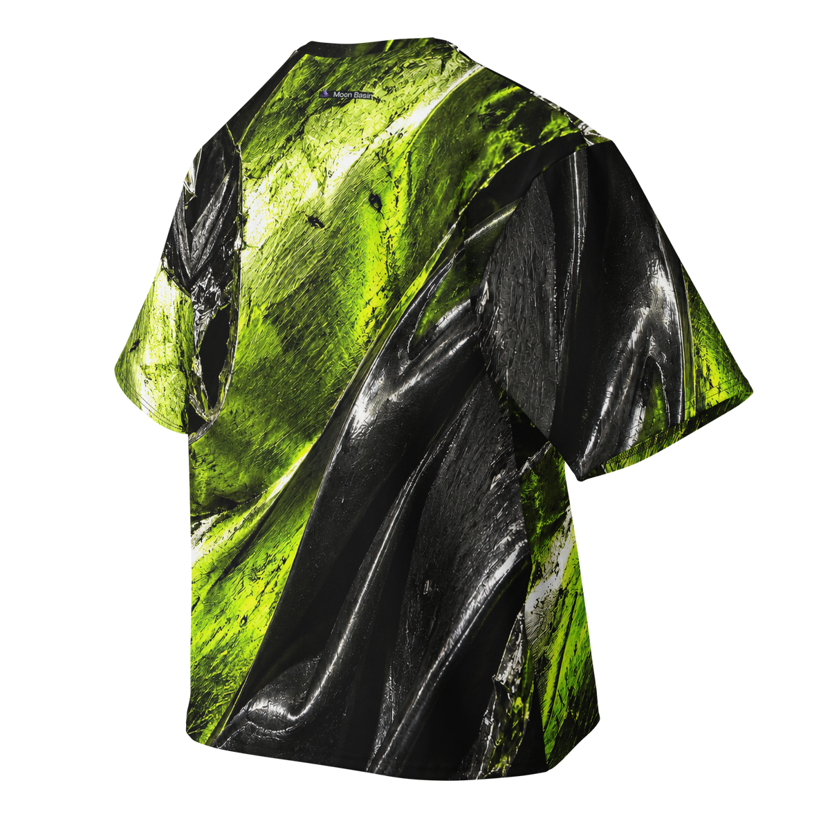 Acid Pressure Acid Lime Terrain all-over print oversized tee, back with Moon Basin nape mark