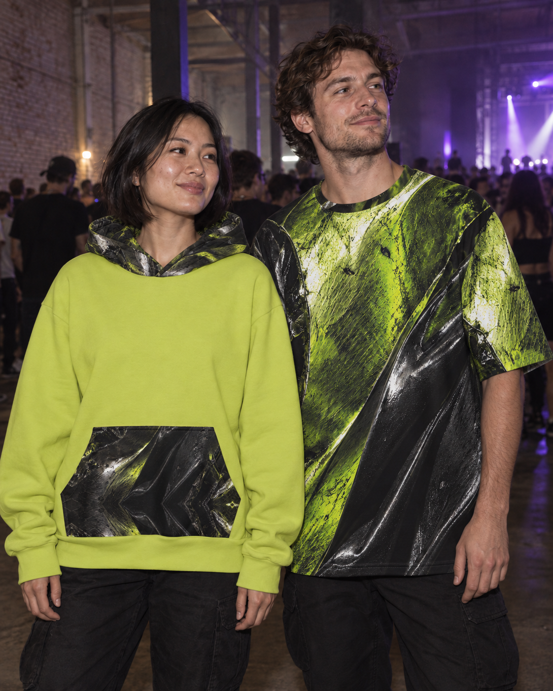 Acid Pressure Acid Lime Terrain, oversized tee worn at a night event (AI lifestyle visualization)