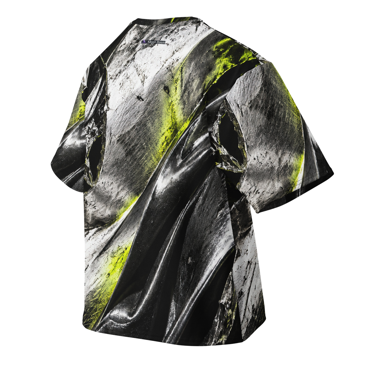 Acid Pressure Pale Chrome Terrain all-over print oversized tee, back with Moon Basin nape mark