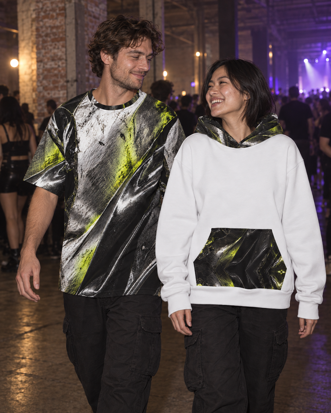 Acid Pressure Pale Chrome Terrain, oversized tee worn at a night event (AI lifestyle visualization)
