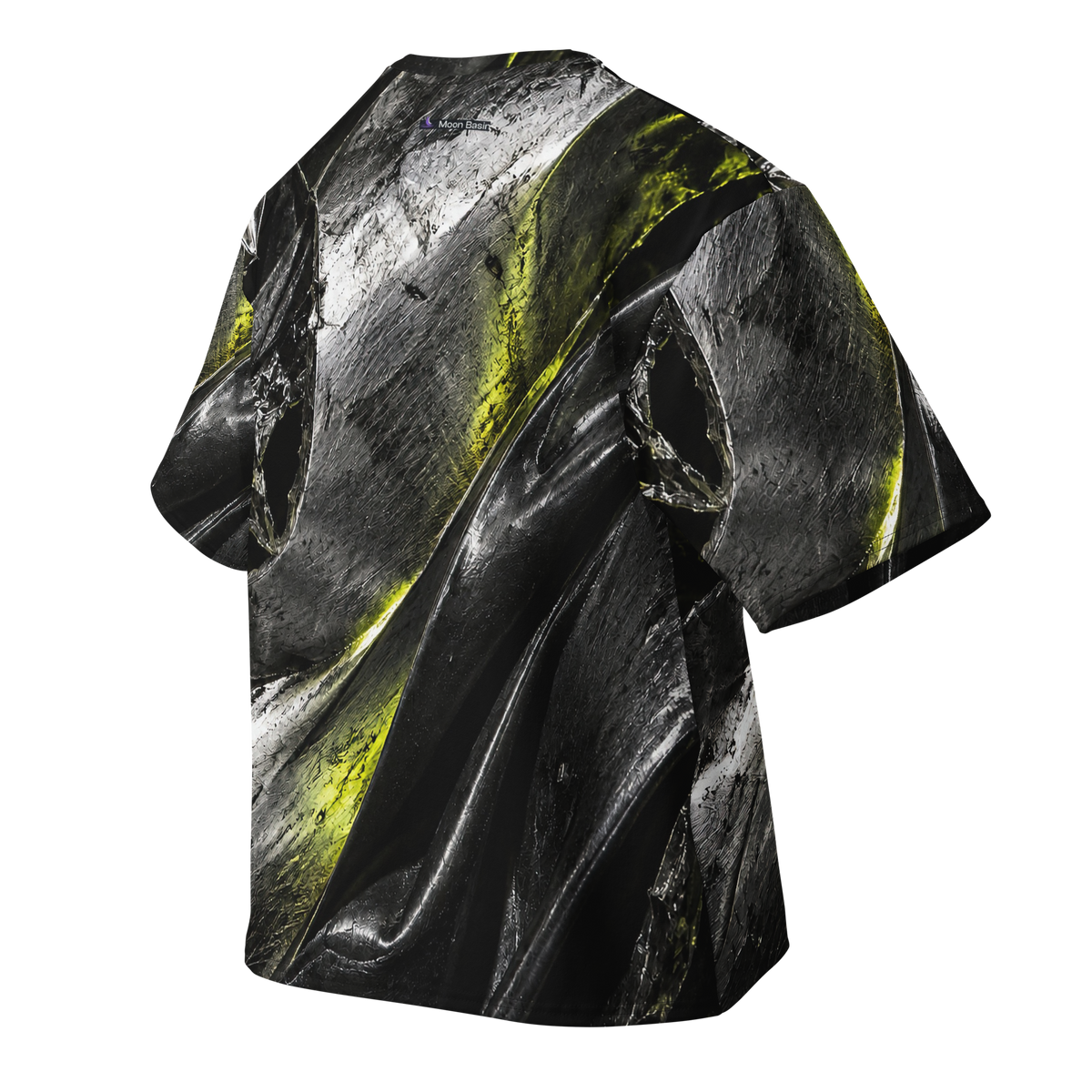 Acid Pressure Warm Graphite Terrain all-over print oversized tee, back with Moon Basin nape mark