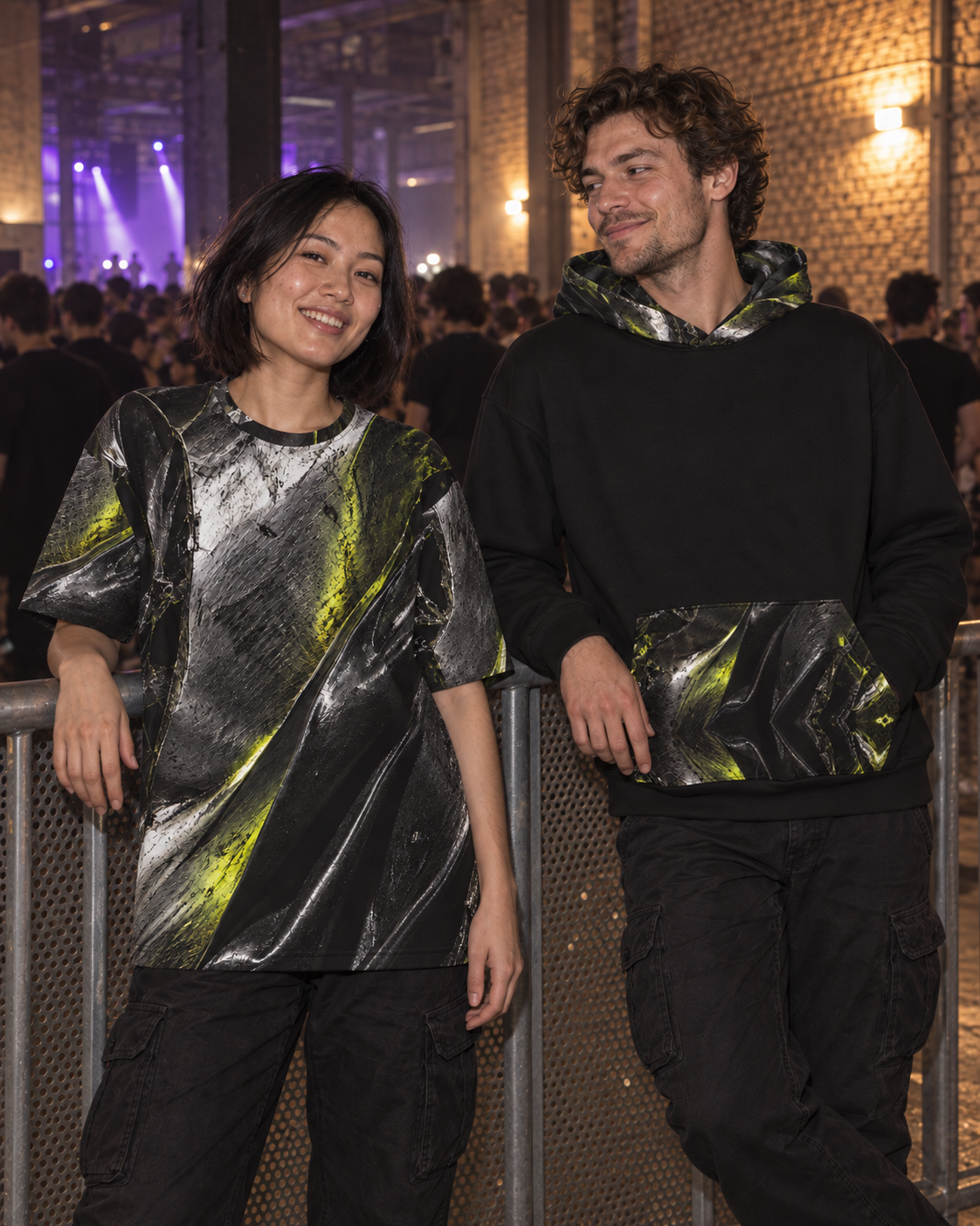 Acid Pressure Warm Graphite Terrain, oversized tee worn at a night event (AI lifestyle visualization)
