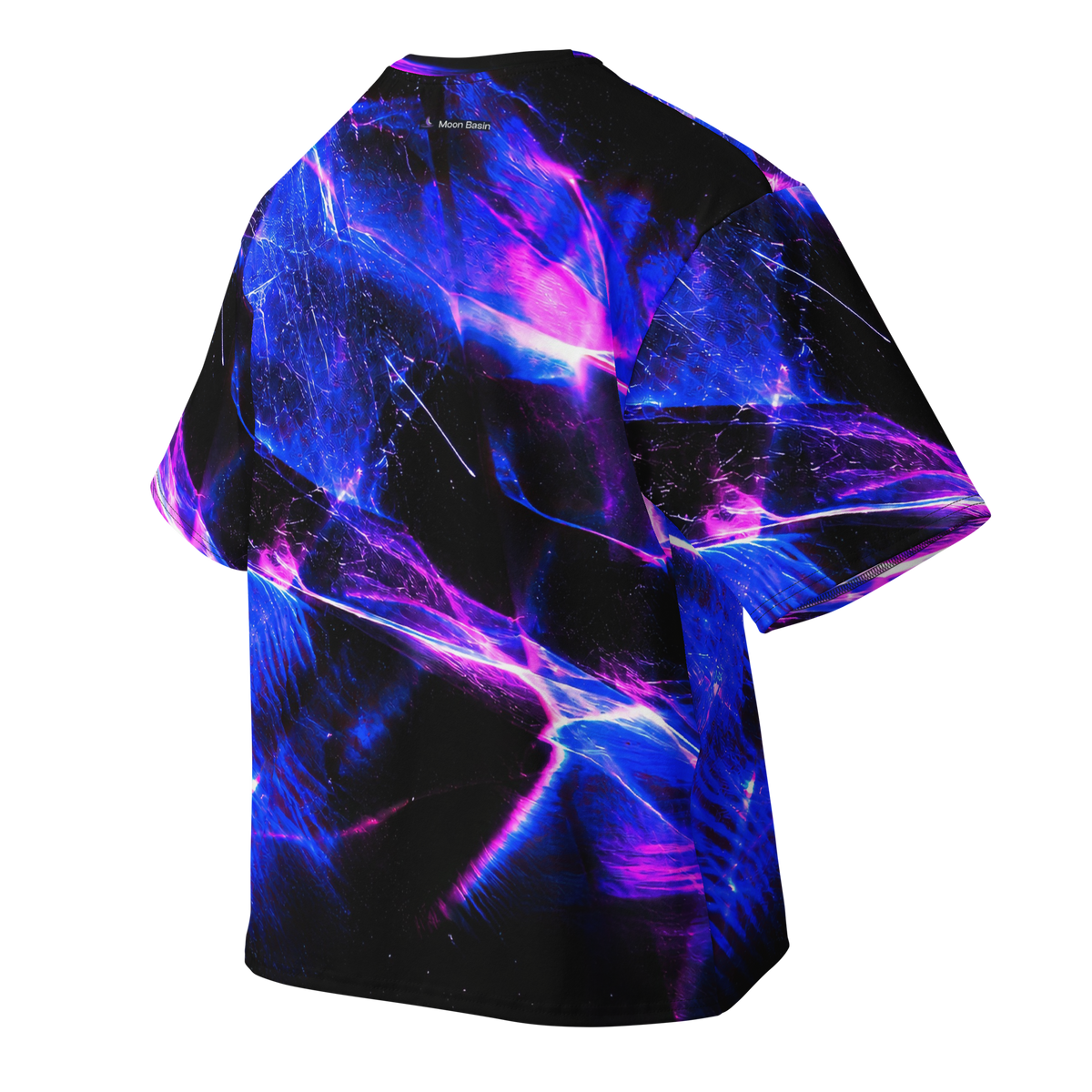 Afterimage Cobalt Terrain all-over print oversized tee, back with Moon Basin nape mark