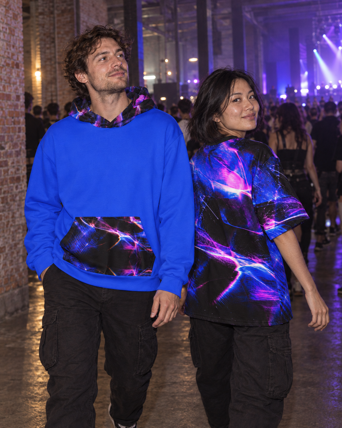 Afterimage Cobalt Terrain, oversized tee worn at a night event (AI lifestyle visualization)